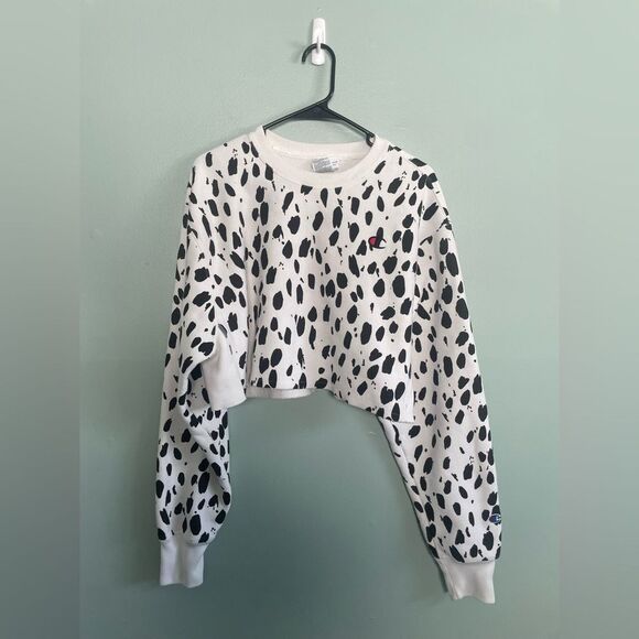 Champion Reverse Weave Dalmatian Black White Print Cropped Sweatshirt Small - Picture 1 of 7